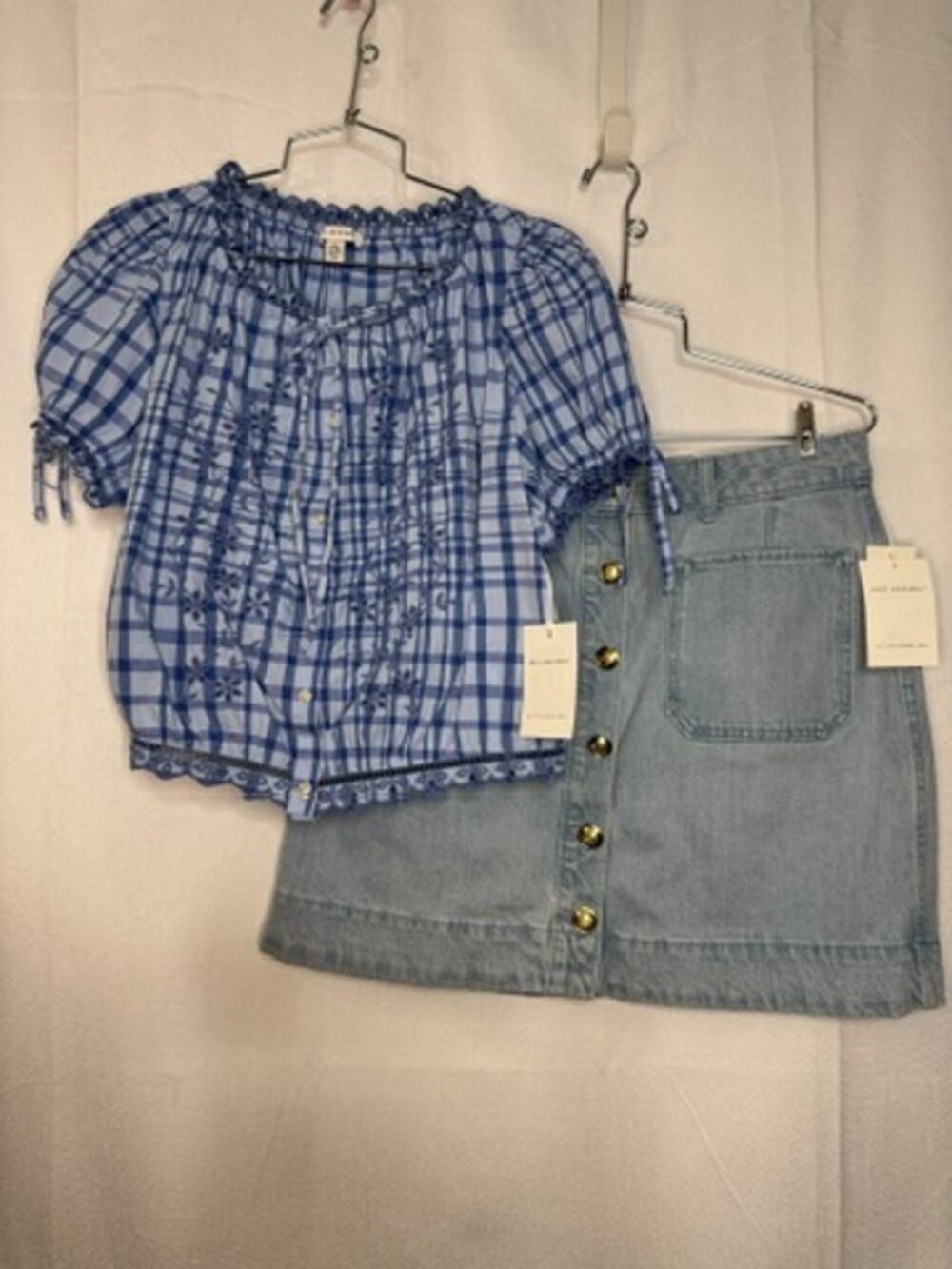414. Free Assembly Blue Gingham Top & Denim Skirt Set Size 10-12 NWT - Picture 1 of 7